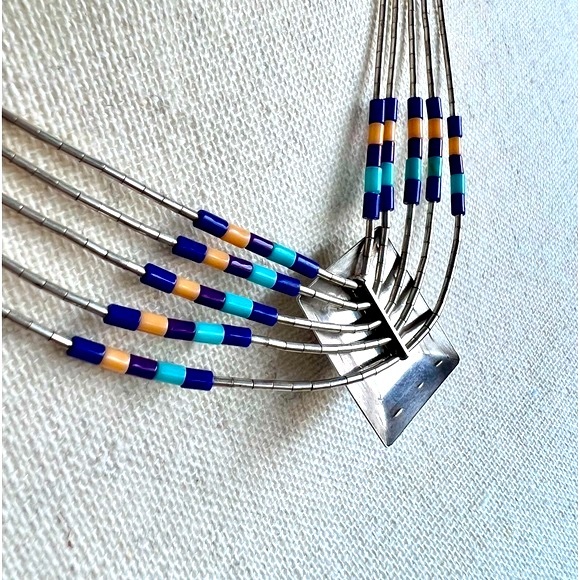 Southwest Style Necklace Earring Set Liquid Silver Semi-Precious Inlay Stones - Picture 10 of 16